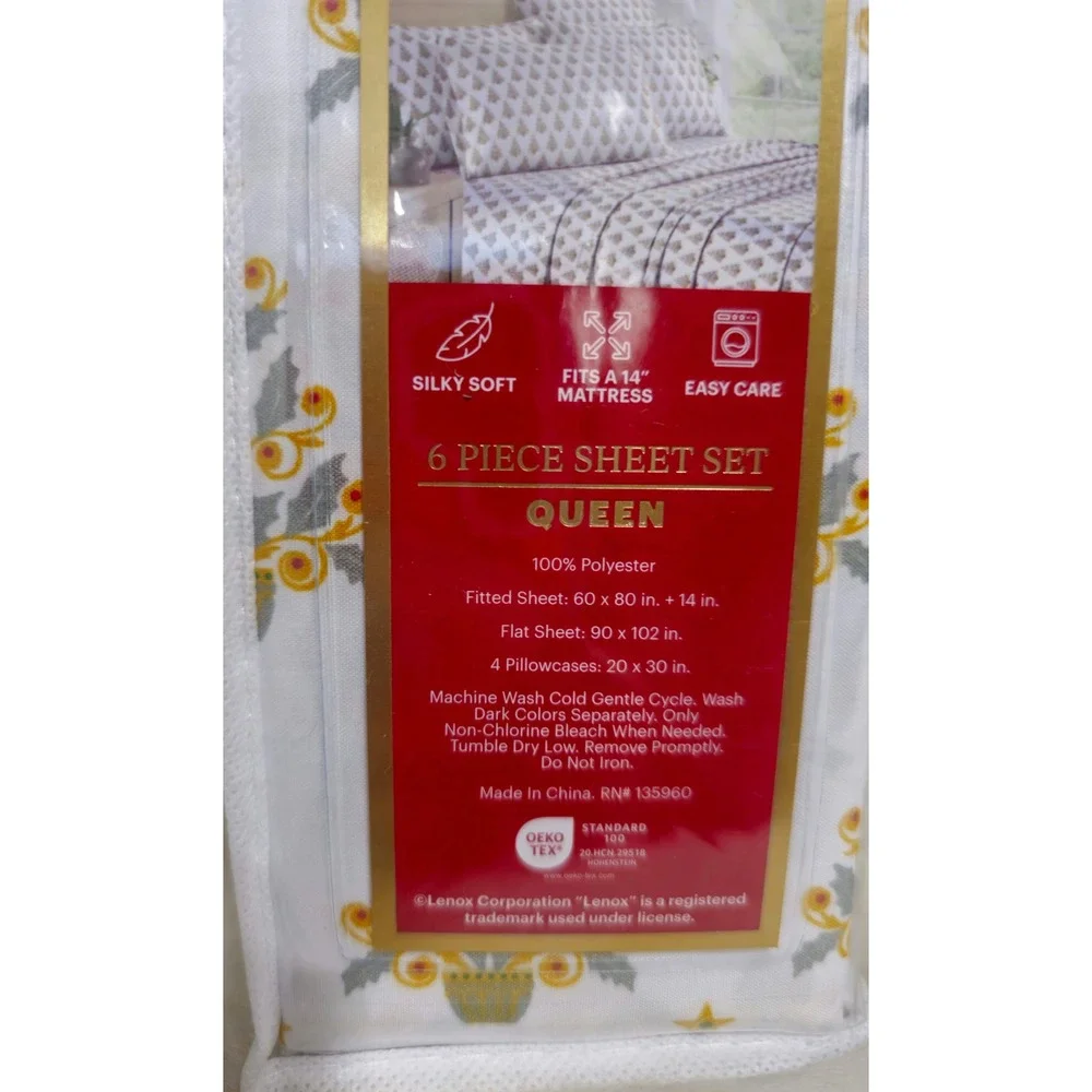 Lenox Queen 6 Piece Sheet Set Christmas Tree Holly White Gold Grey Holiday NEW
